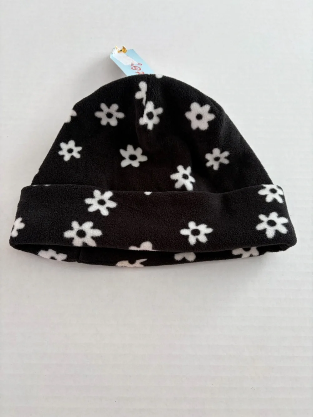 Cat & Jack Black White Daisy Fleece Beanie OSFM Kids NWT